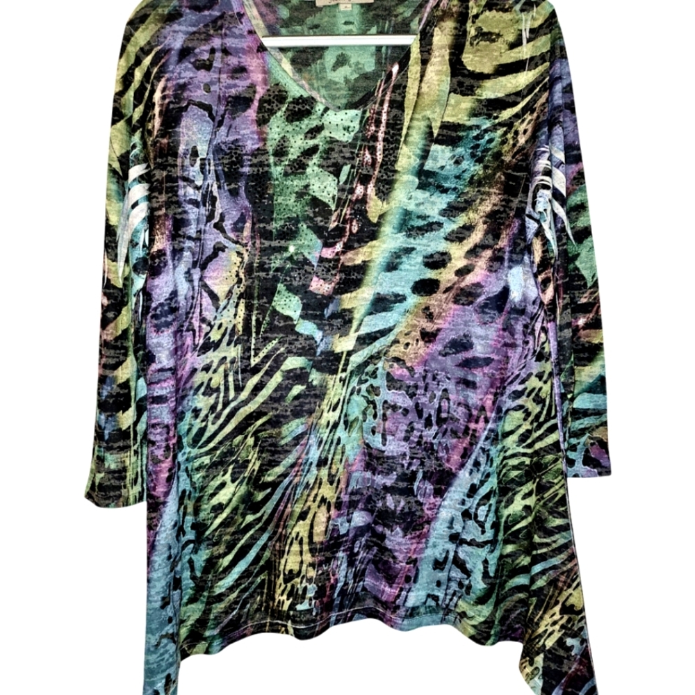 Jess & Jane Animal Print Multicolor Rinestones Abstract Top Size Small NWOT